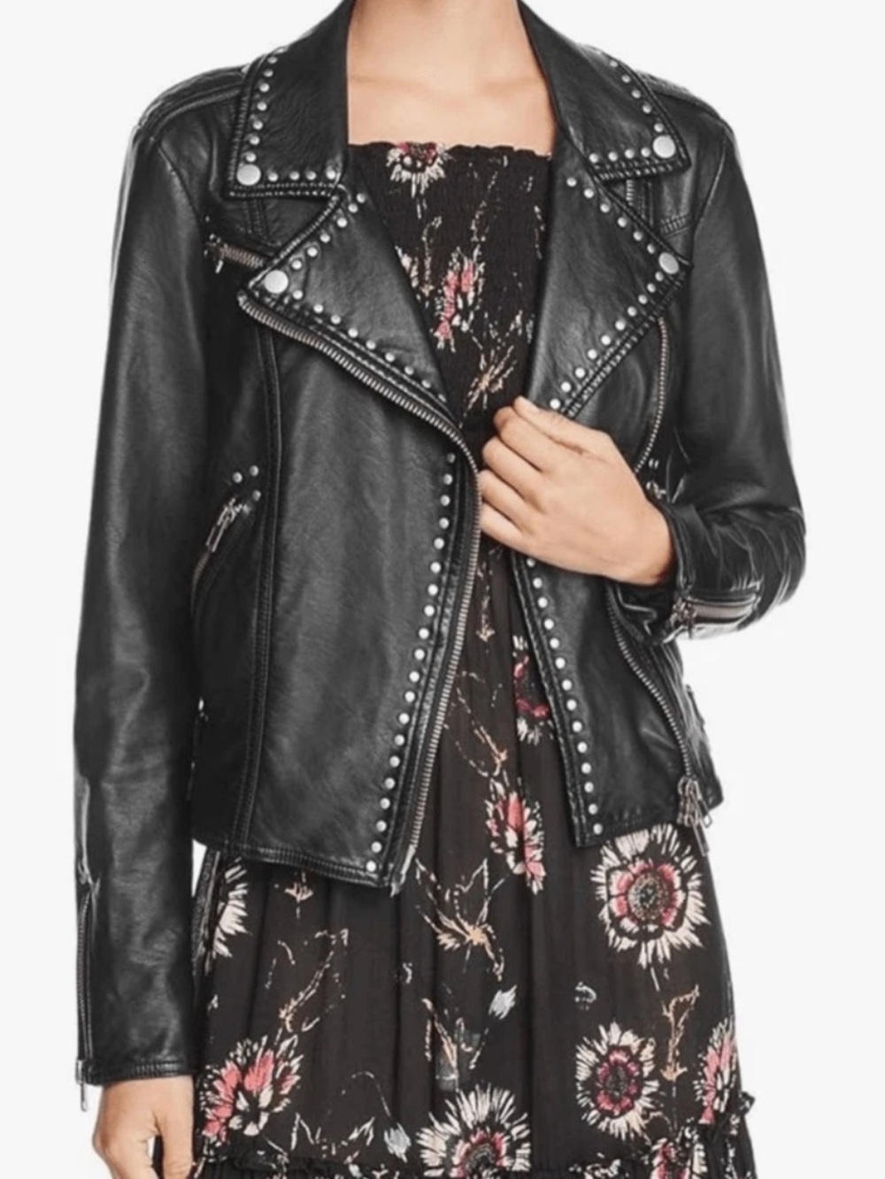 FREE PEOPLE BLACK FAUX LEATHER SILVER STUDDED MOTO JACKET SZ: L